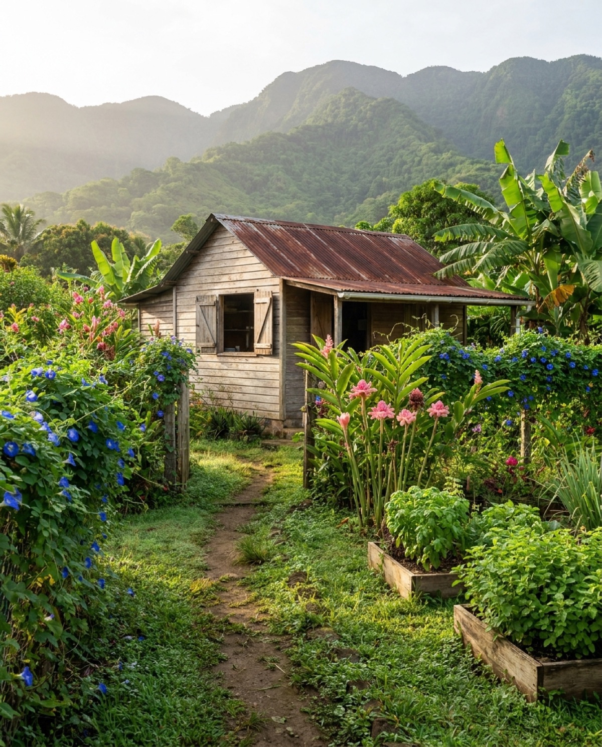 L'atelier en bois des Jardins d'Emy, niché dans un jardin fleuri de clitoria et de roses de porcelaine, face aux montagnes de Basse-Terre
