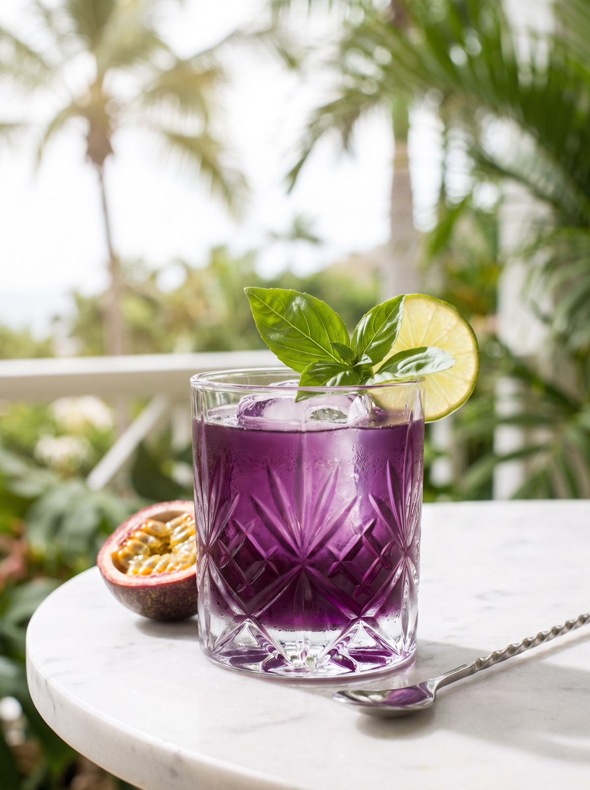 Clitoria Basilic — cocktail violet profond, basilic frais, citron vert et maracuja sur marbre blanc