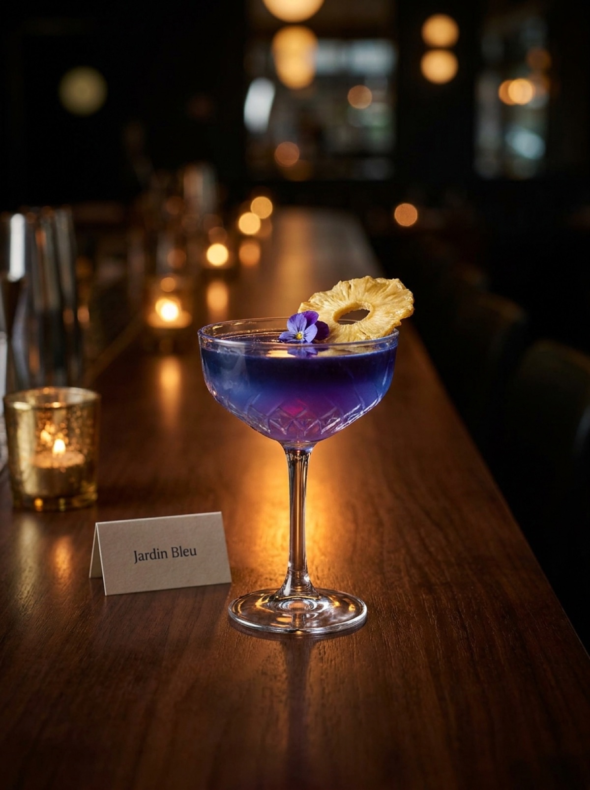 Jardin Bleu — coupe en cristal bleu-violet, ananas séché, ambiance feutrée de restaurant