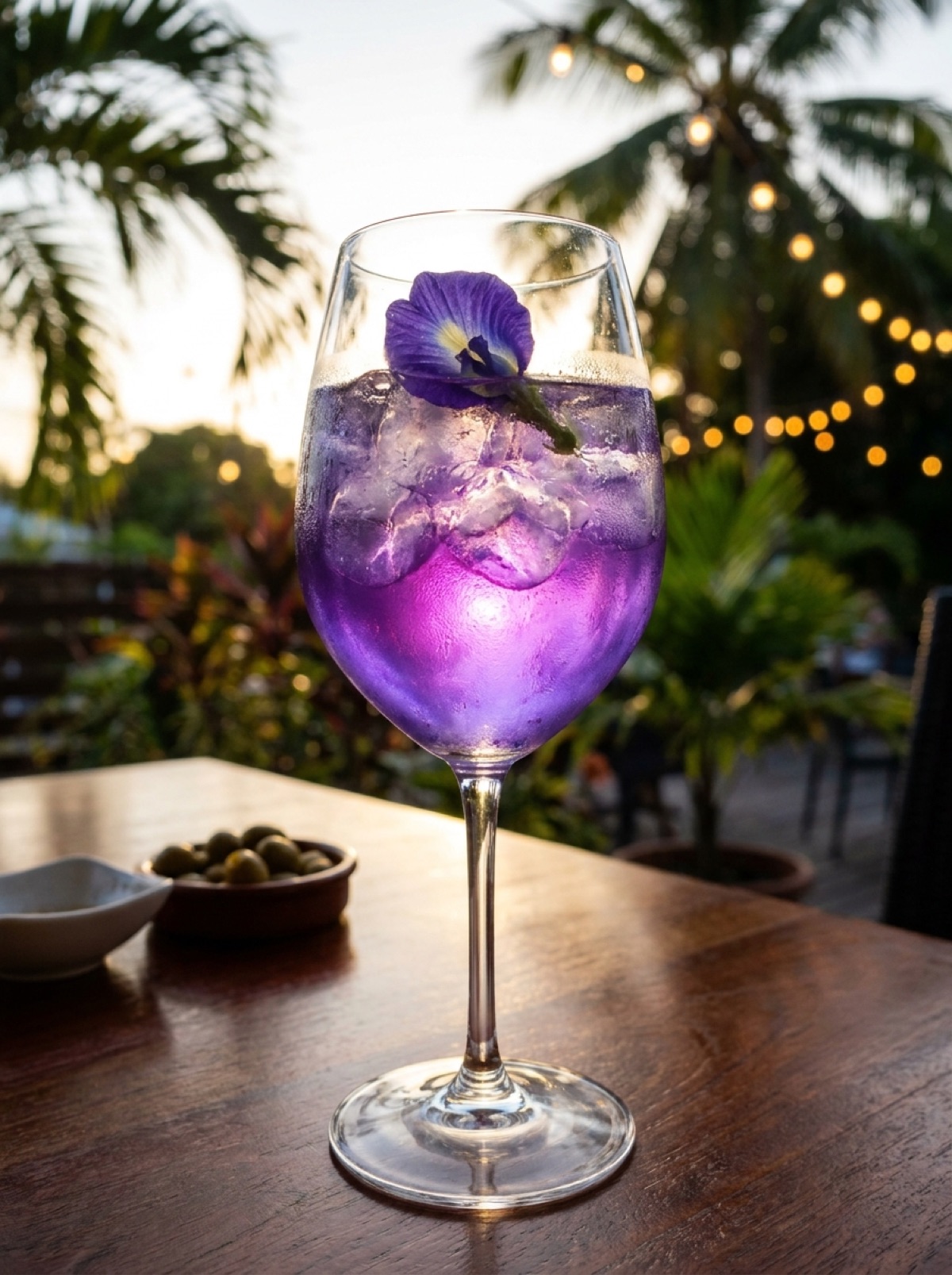 Purple Spritz — spritz violet au clitoria, fleur fraîche, terrasse tropicale au coucher du soleil