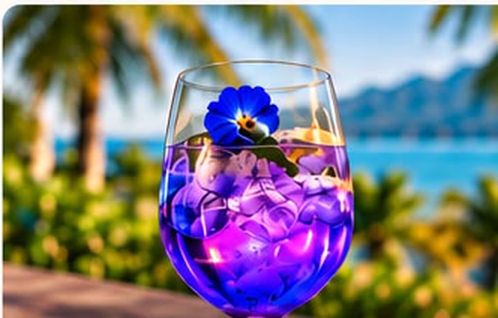 Velvet Bloom — cocktail violet au clitoria, fleur fraîche, terrasse face à la mer