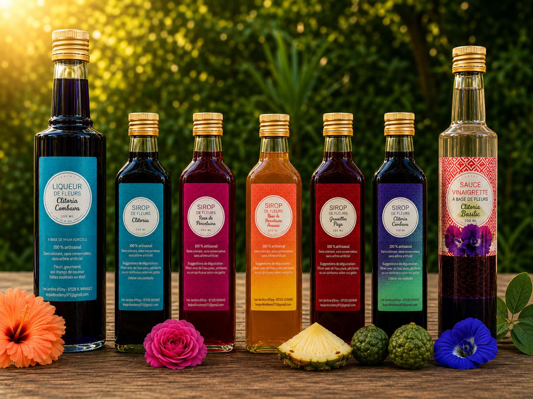 La gamme des Jardins d'Emy — sirops, liqueur et sauces alignés dans le jardin au soleil