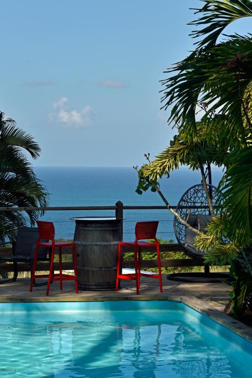 La terrasse piscine du Domaine Karaibes à Deshaies, face à la mer des Caraïbes
