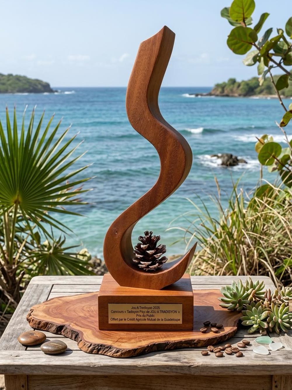 Trophée en bois sculpté du Prix du Public — concours Tradisyon Péyi de Jou A Tradisyon 2025, devant la mer de Guadeloupe