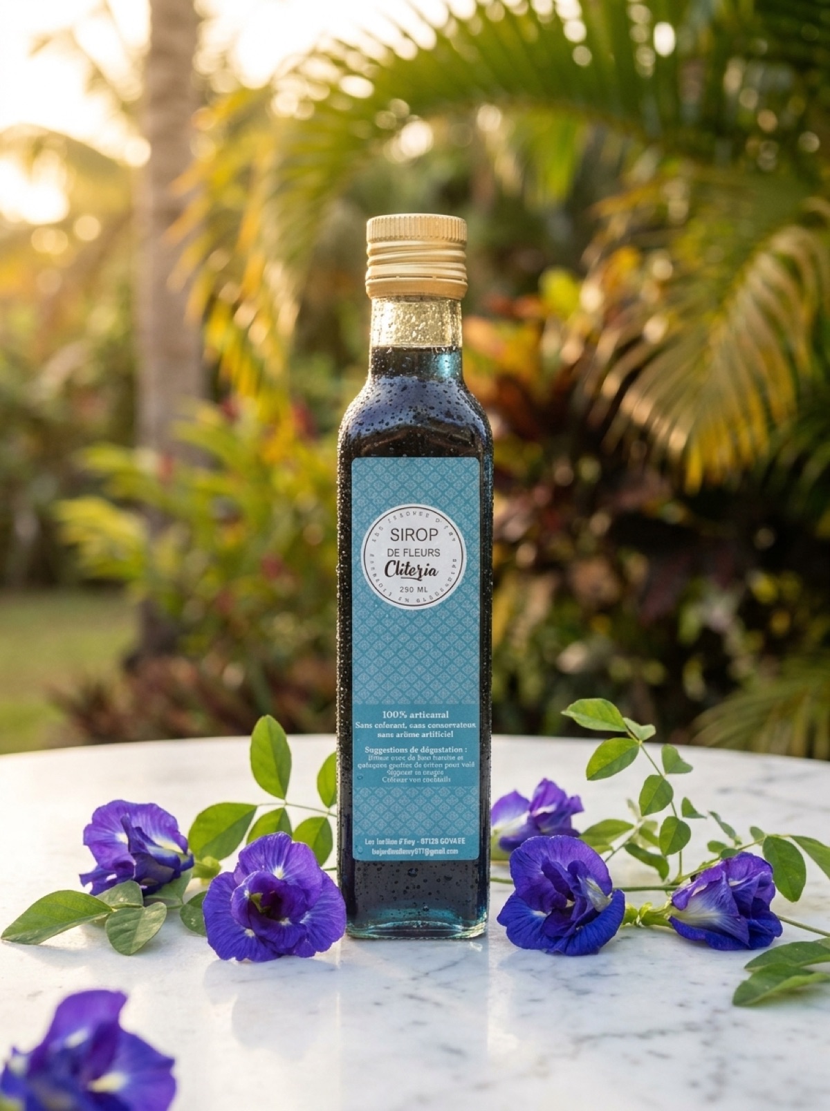 Sirop de fleurs de Clitoria — Les Jardins d'Emy, dans un jardin tropical au soleil couchant