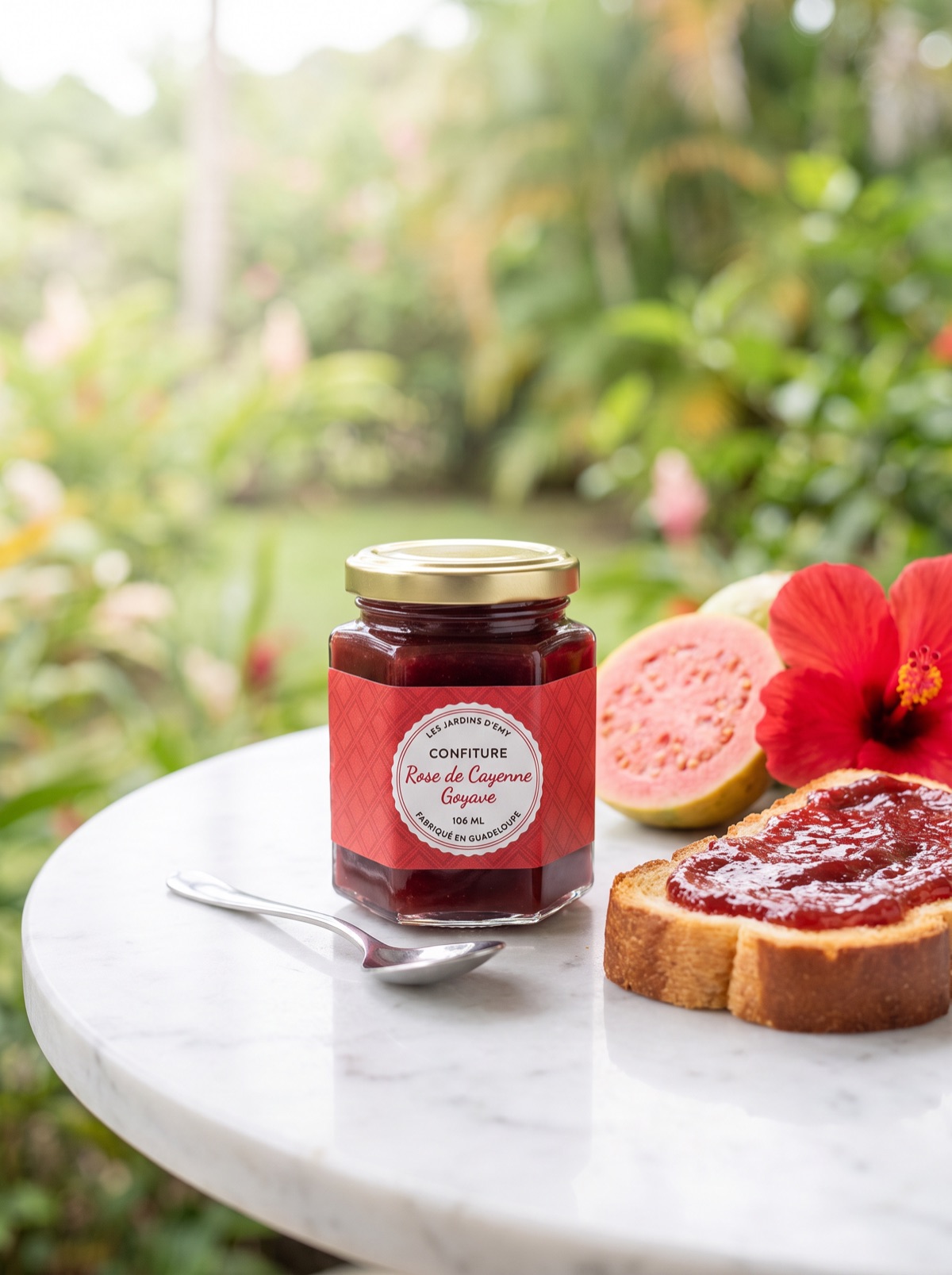 Confiture Rose de Cayenne Goyave 106 ml, tartine et goyave fraîche — Les Jardins d'Emy